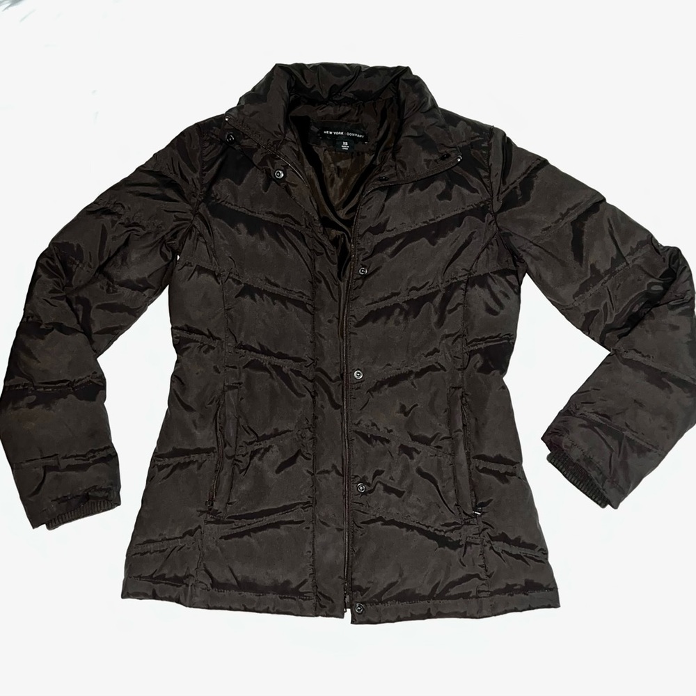 New York & Company Brown Puffer Jacket Chevron Quilting
